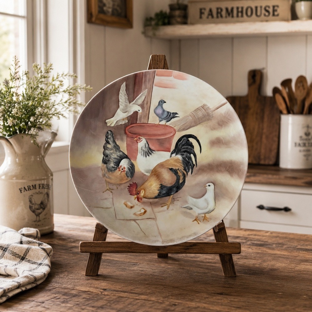 Geraldine Bray Hand Painted Farmhouse Rooster and Hens Decorative Ceramic Plate